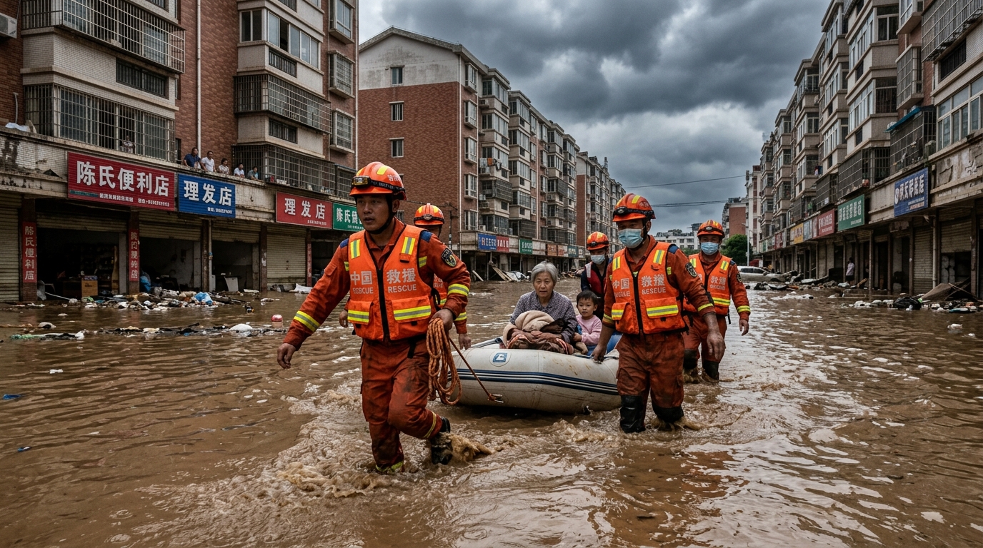 Équipes de secours chinoises progressant dans les eaux de crue