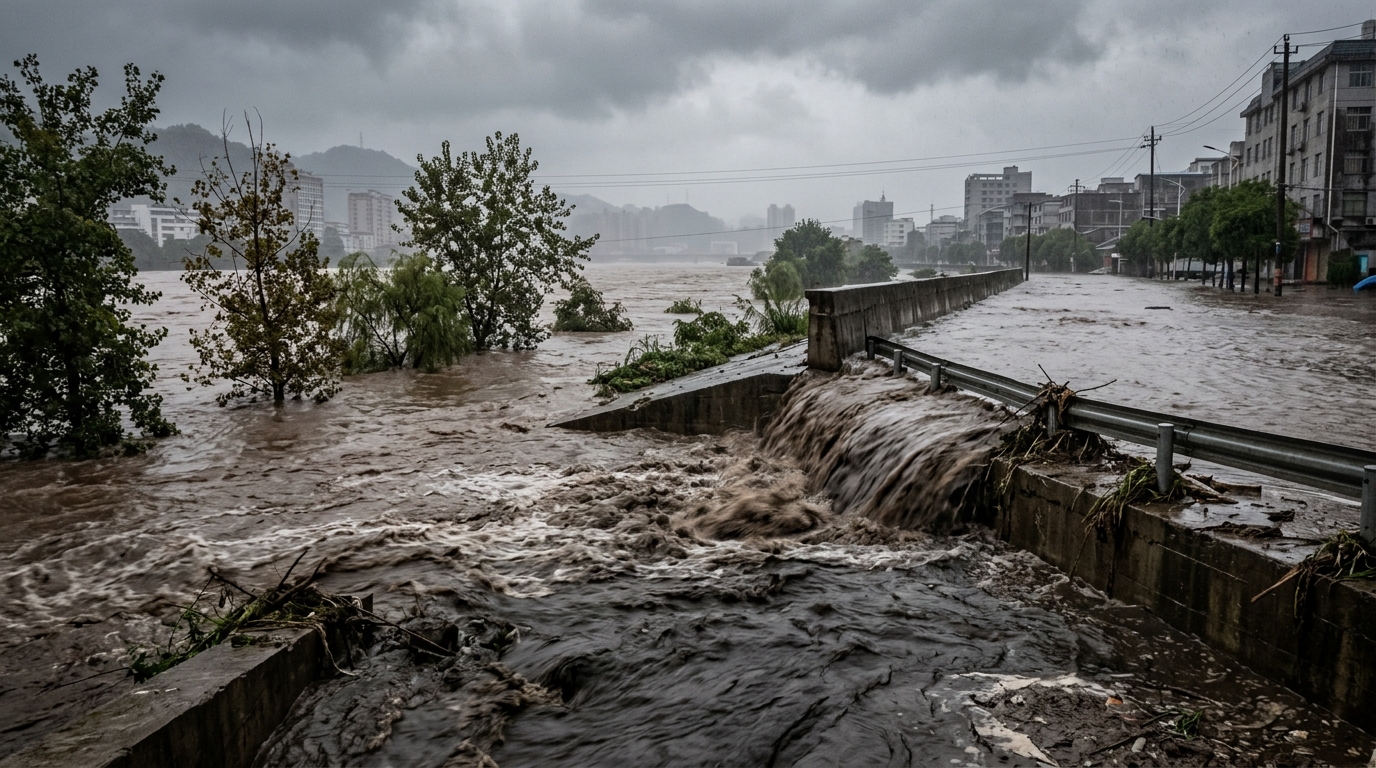 Fleuve en crue en Chine centrale après des pluies torrentielles