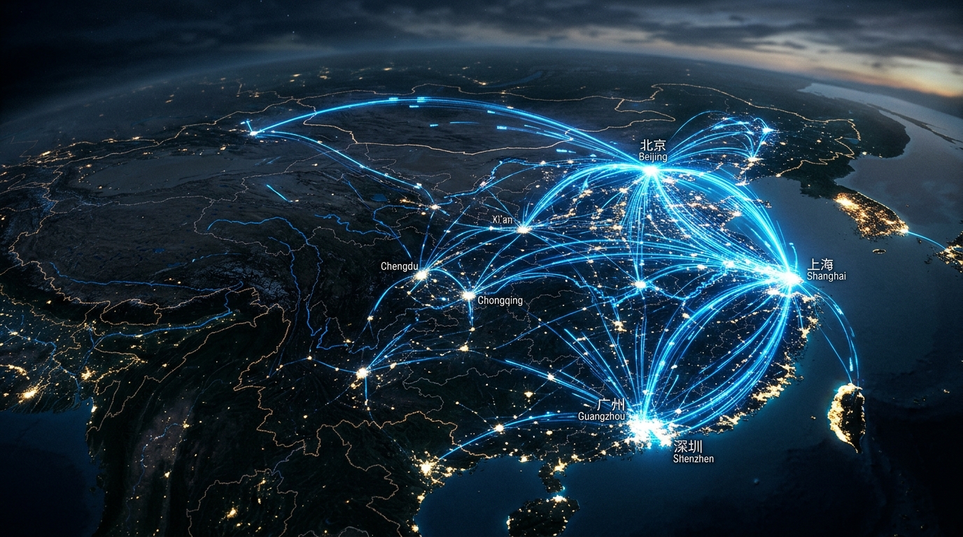 Flux de données numériques sur une carte de la Chine représentant le réseau de calcul IA