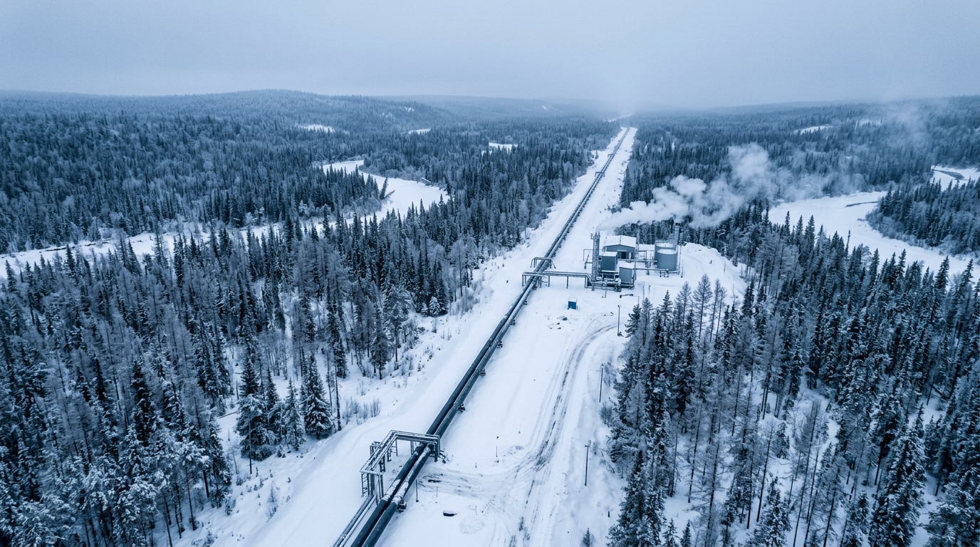 Gazoduc en Sibérie traversant une forêt enneigée