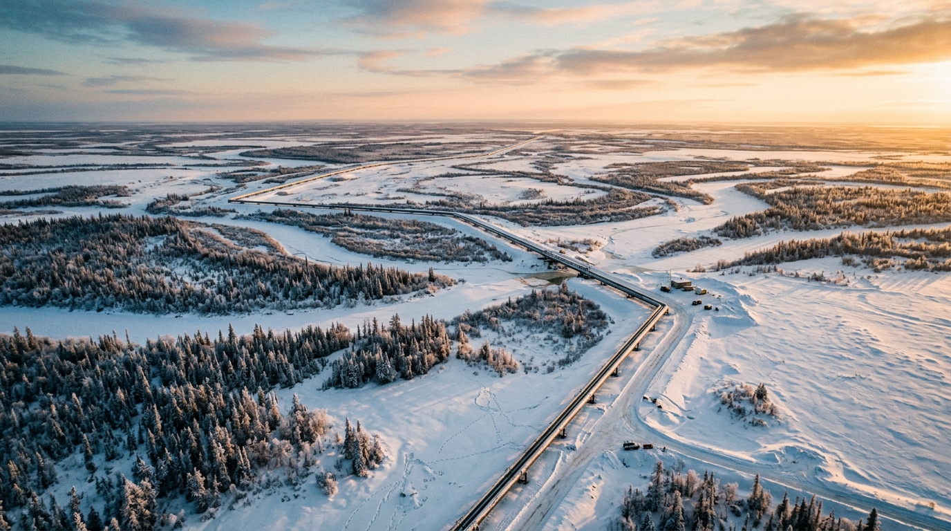 Gazoduc traversant un paysage sibérien enneigé en lumière dorée