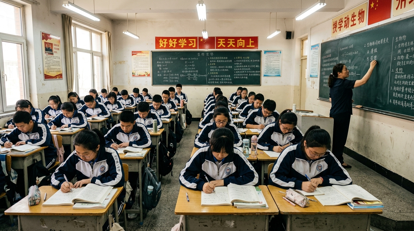 Grande salle de classe en Chine avec des élèves en uniforme