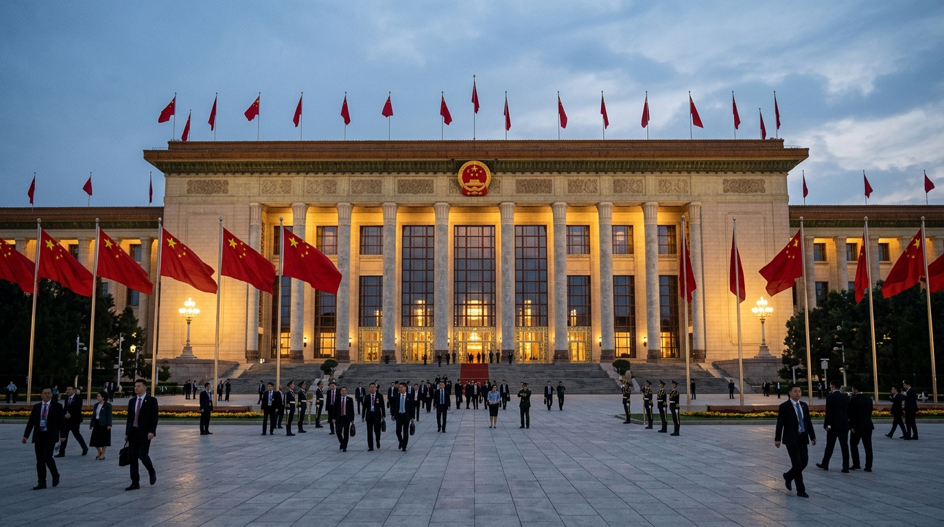 Grande salle du peuple à Pékin au coucher du soleil