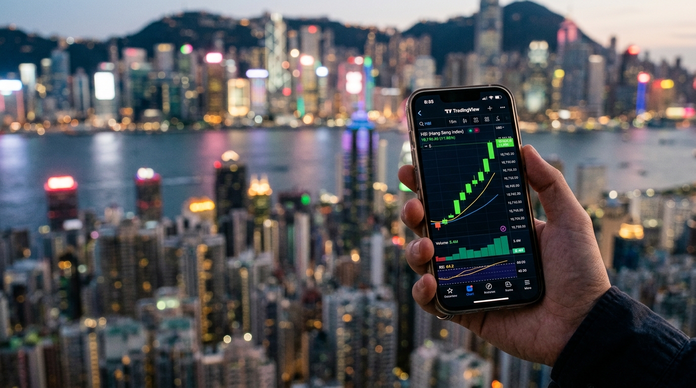 Graphique boursier en hausse sur smartphone avec Hong Kong en arrière-plan