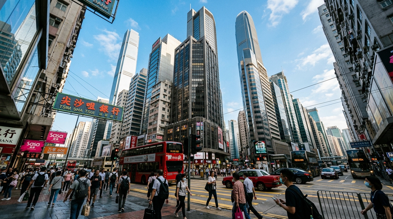 Gratte-ciel de Hong Kong vus depuis la rue en contre-plongée