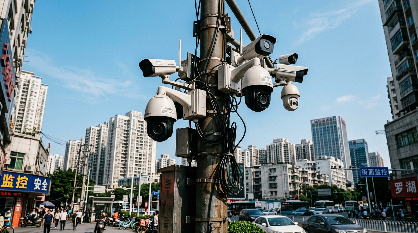 Gros plan sur des caméras de surveillance dans une ville chinoise