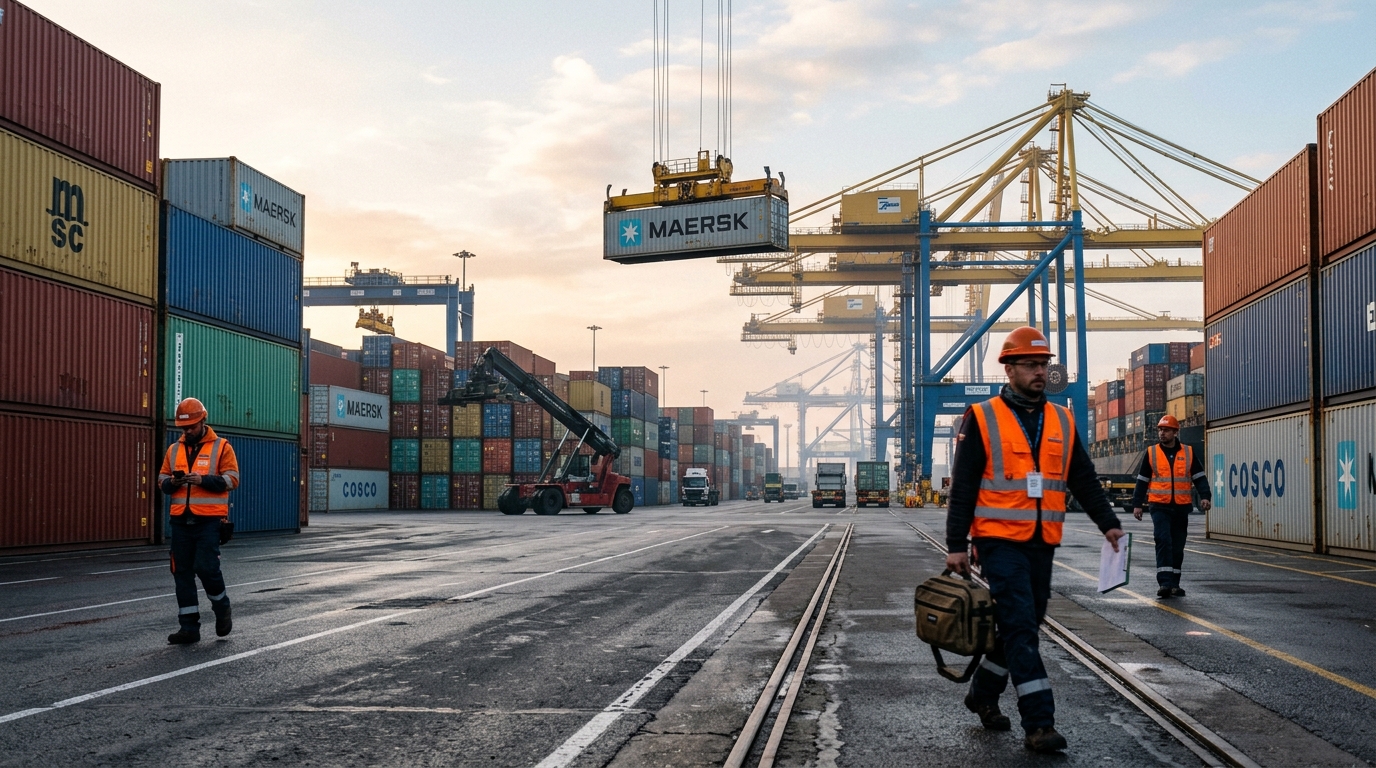 Grues et conteneurs dans un terminal portuaire européen