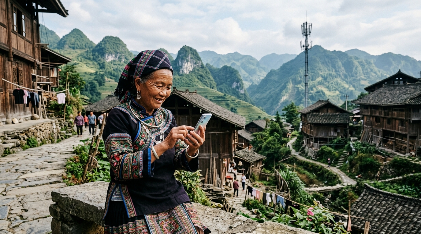 Habitant du Guizhou utilisant un smartphone grâce à la couverture 5G