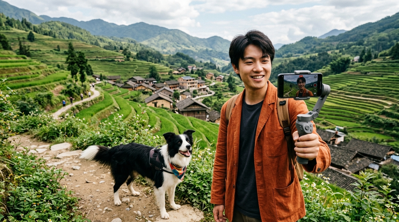 Influenceur chinois avec son chien border collie