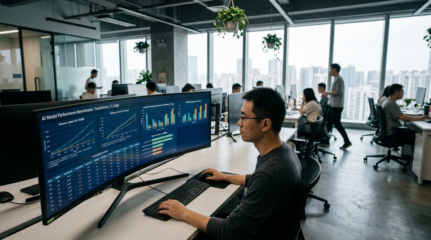 Ingénieur chinois analysant des benchmarks de modèles IA sur grand écran