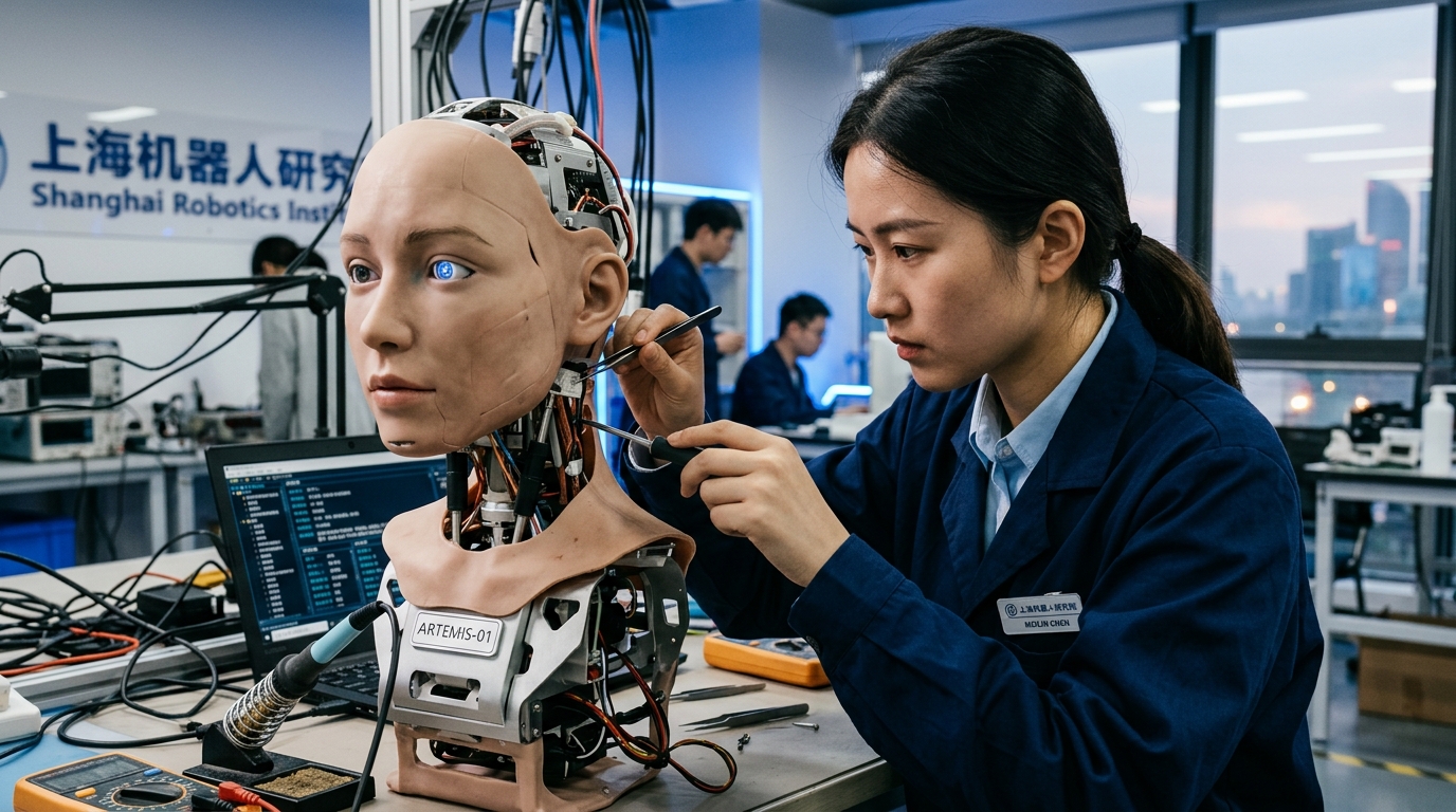 Ingénieur chinois calibrant un robot humanoïde dans un laboratoire