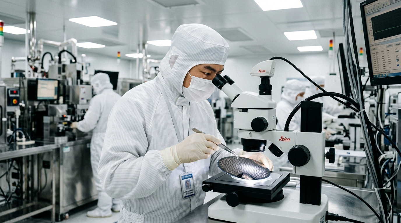 Ingénieur chinois en salle blanche avec wafer de semi-conducteurs