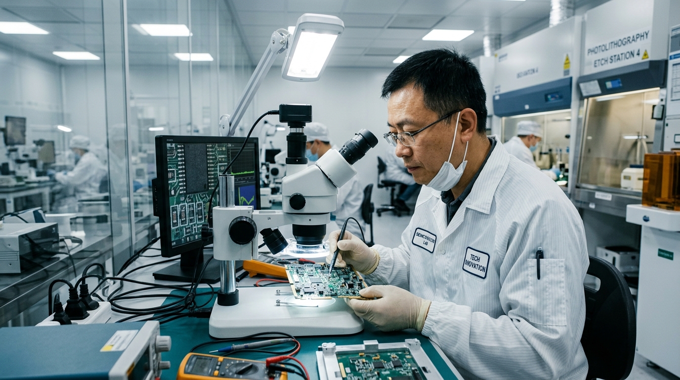 Ingénieur chinois en salle blanche examinant un circuit électronique
