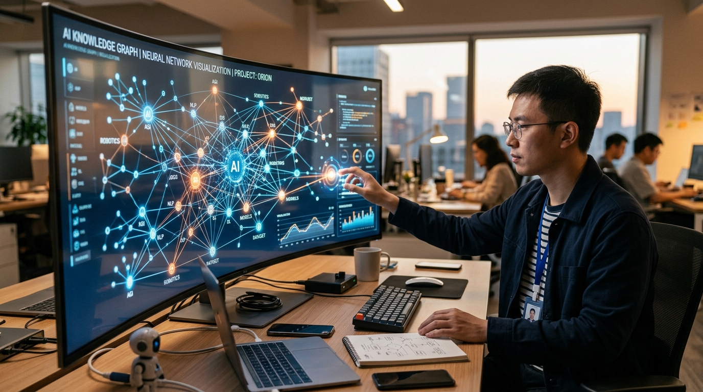 Ingénieur chinois travaillant sur un système d'interconnexion d'agents IA