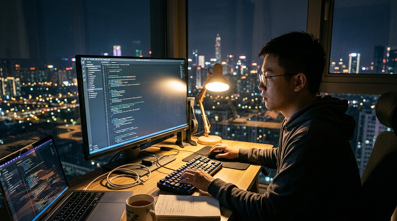 Ingénieur logiciel chinois codant un agent IA autonome de nuit