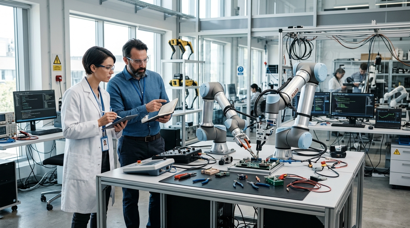 Ingénieurs observant des bras robotiques dans un laboratoire de recherche en IA