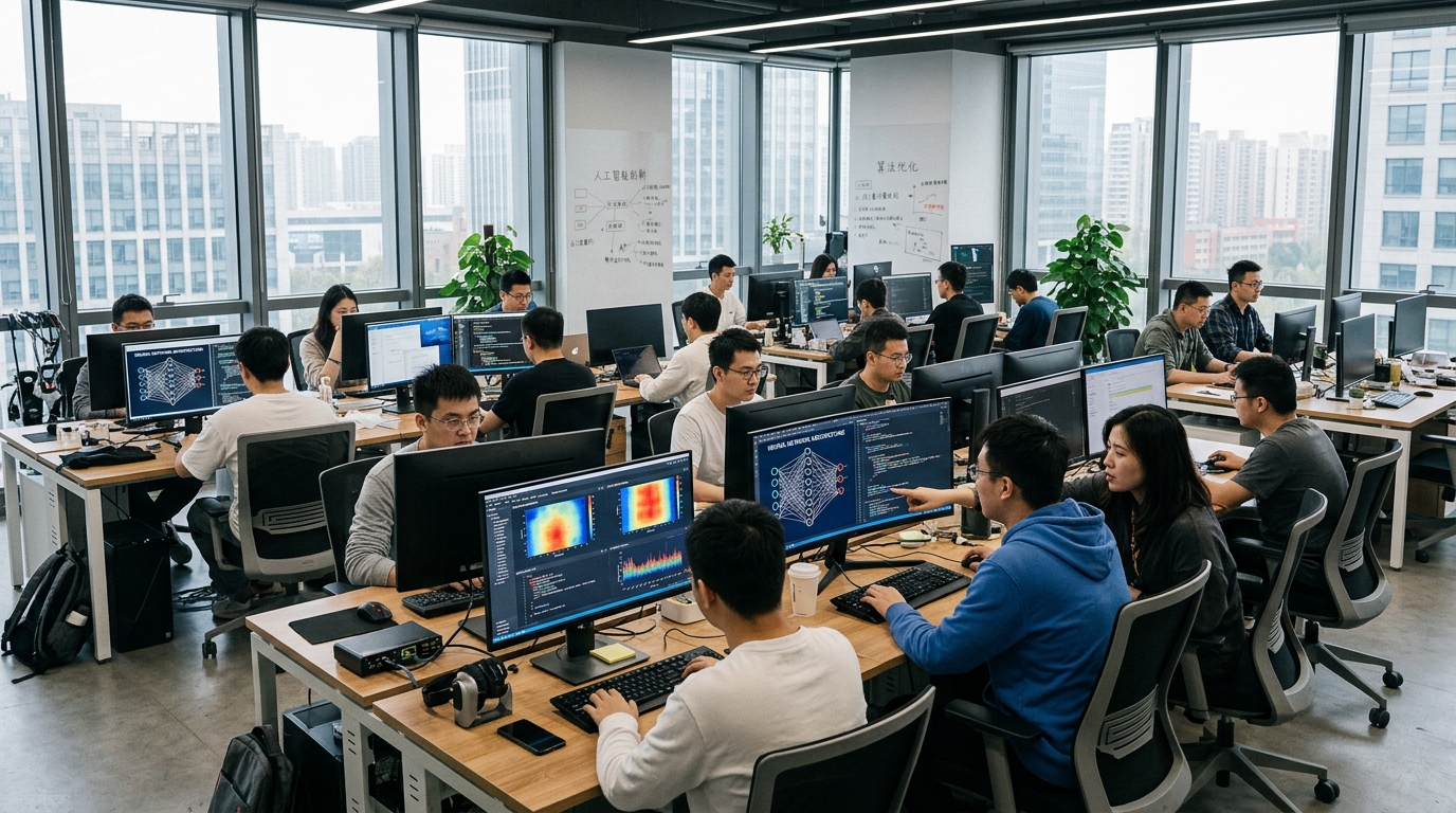 Ingénieurs travaillant sur des systèmes d'intelligence artificielle dans un bureau technologique chinois