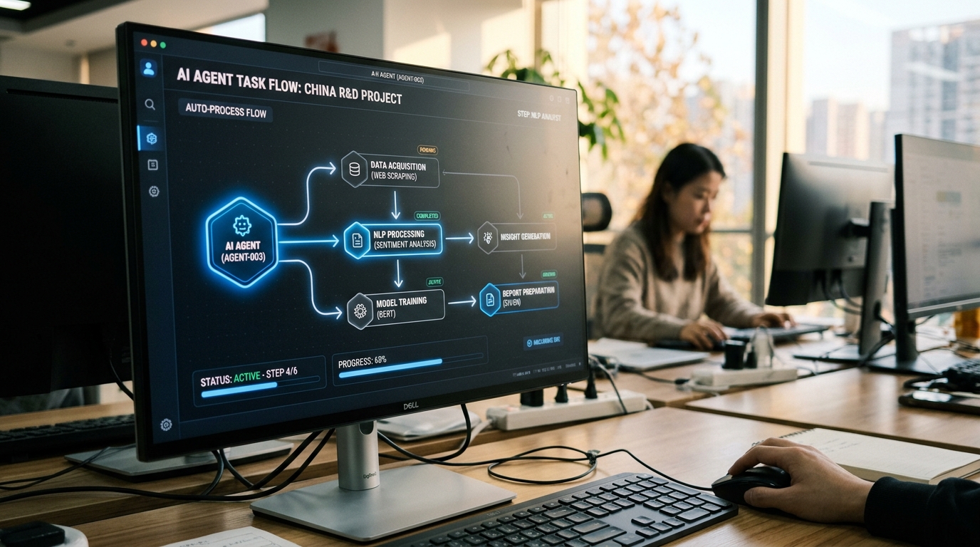 Interface d'un agent IA autonome avec flux de tâches sur écran