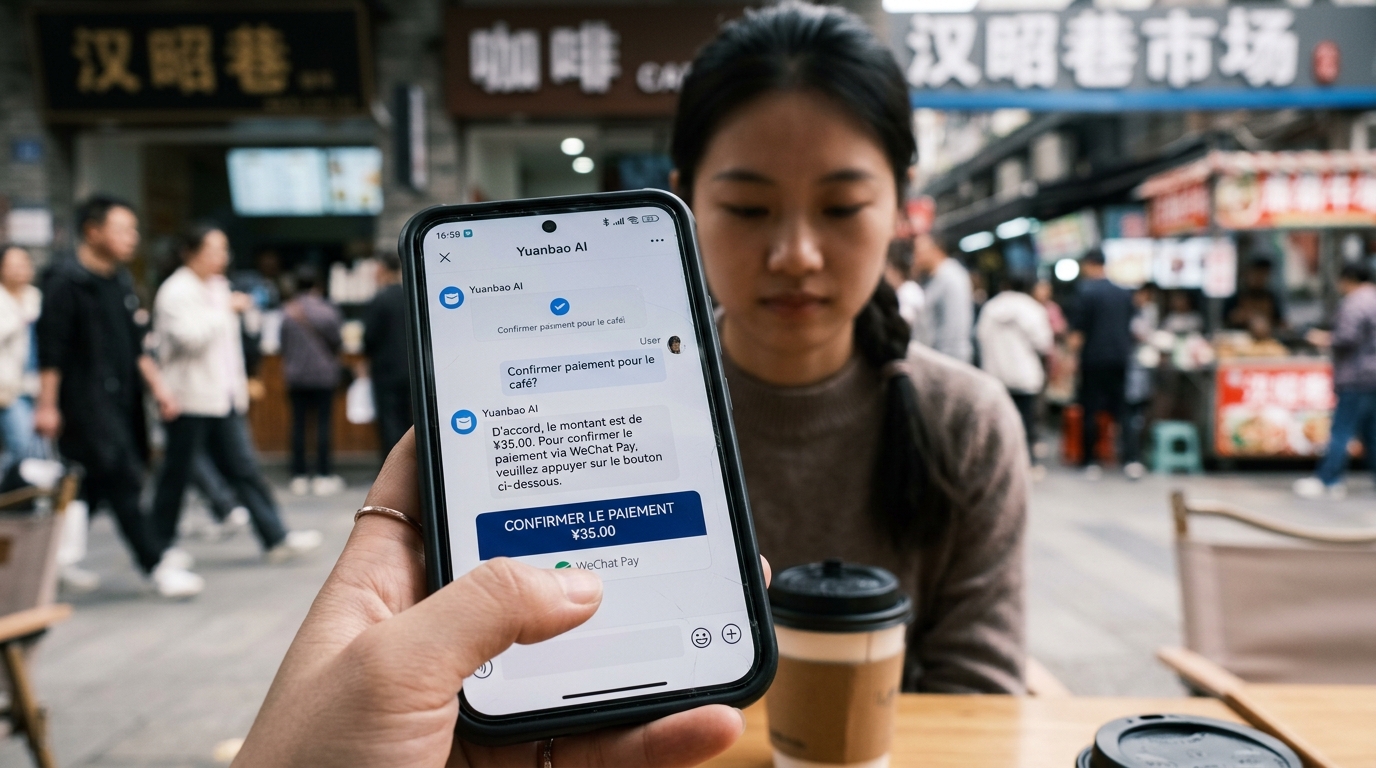 Interface de paiement IA sur smartphone avec bouton de confirmation