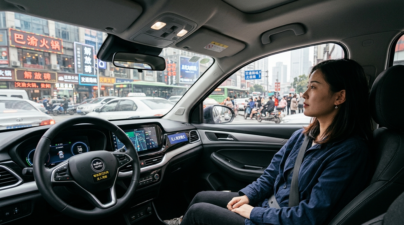 Intérieur d'un robot-taxi sans chauffeur à Shenzhen avec un passager
