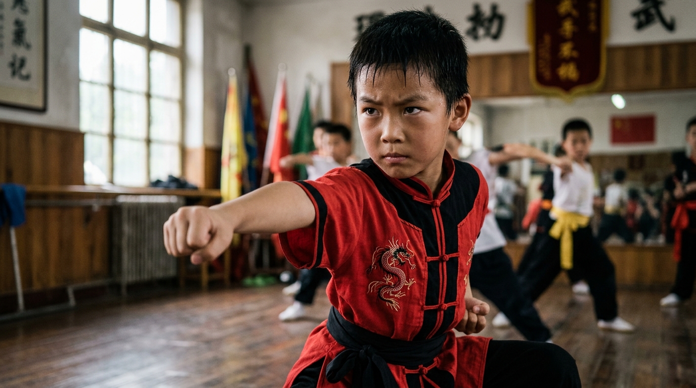 Jeune élève en uniforme de kung-fu lors d'un entraînement dans une école Shaolin