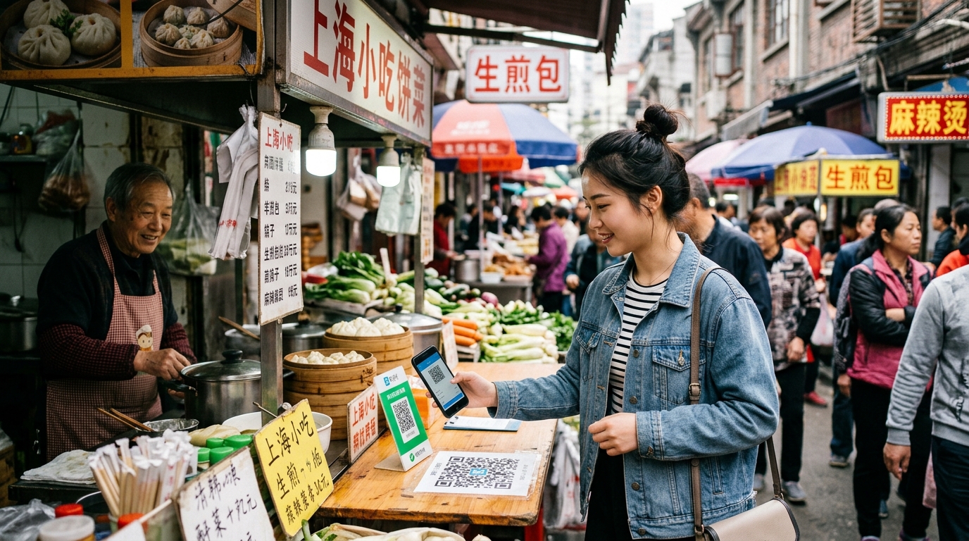 Jeune femme chinoise payant avec son téléphone sur un marché de Shanghai