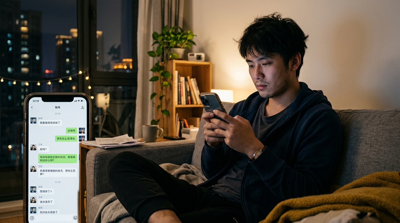 Jeune urbain chinois seul utilisant une application d'accompagnement émotionnel sur son smartphone