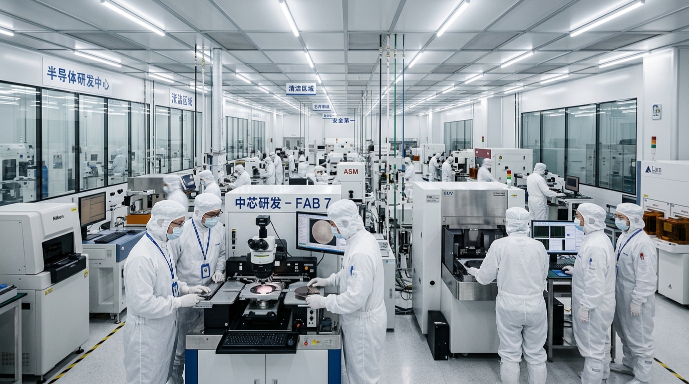 Laboratoire de recherche en semi-conducteurs en Chine avec des ingénieurs en salle blanche