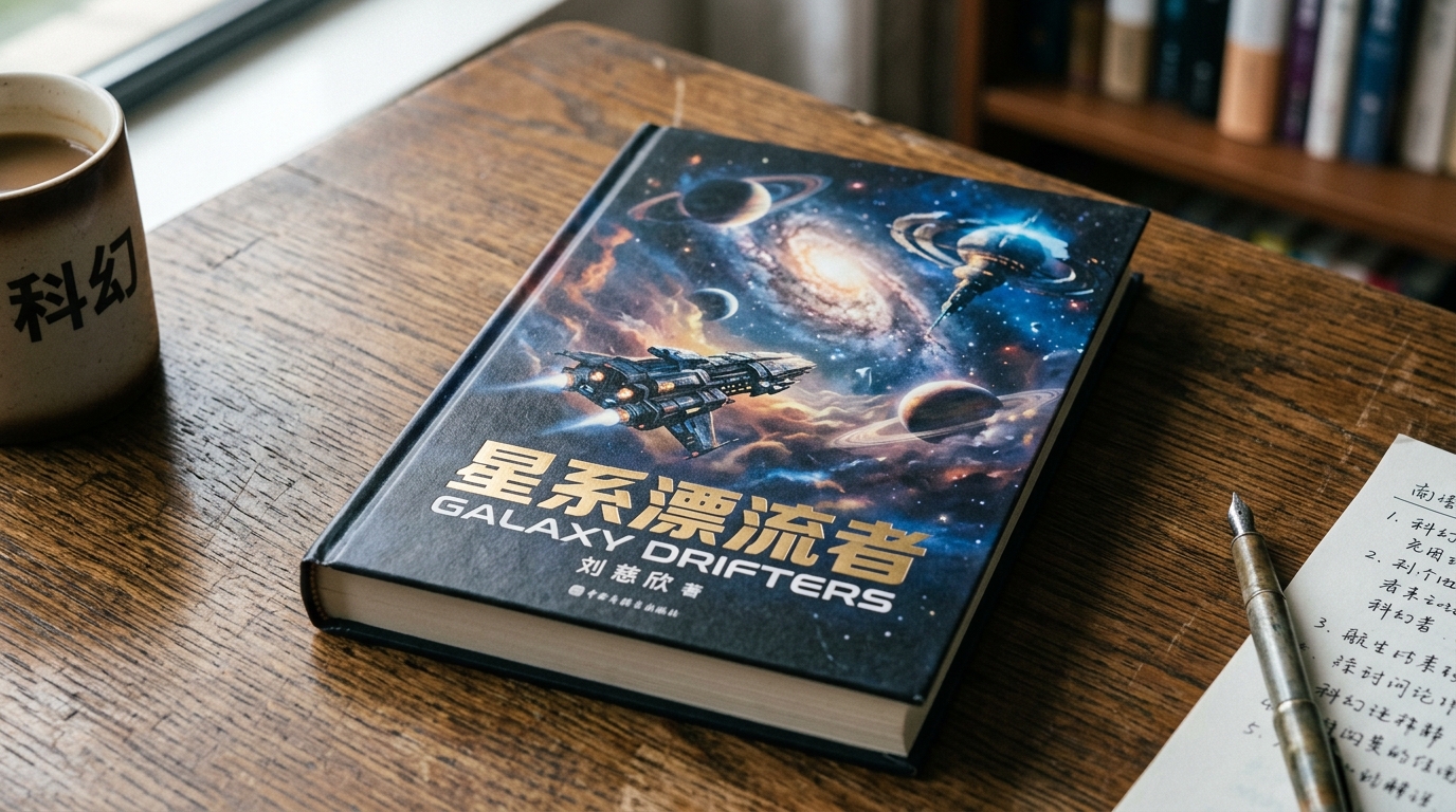 Livre de science-fiction chinois sur un bureau en bois