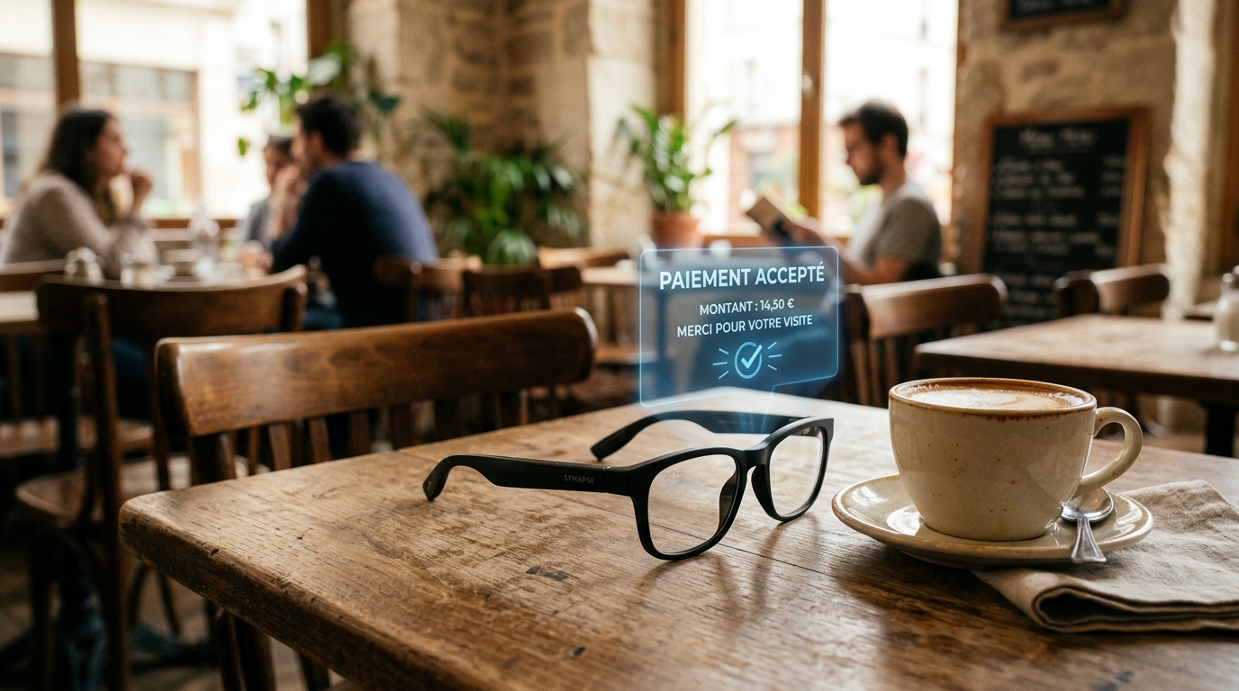 Lunettes connectées avec confirmation de paiement IA dans un café