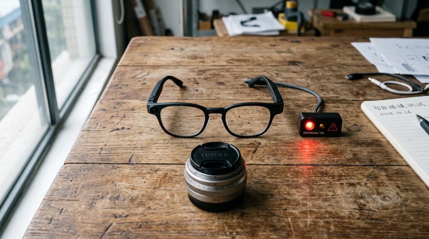 Lunettes connectées posées sur un bureau avec indicateur lumineux