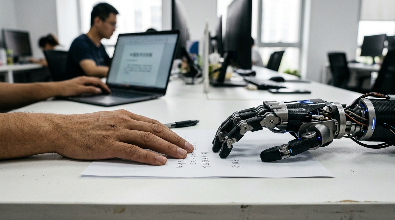 Main humaine et main robotique côte à côte sur un bureau