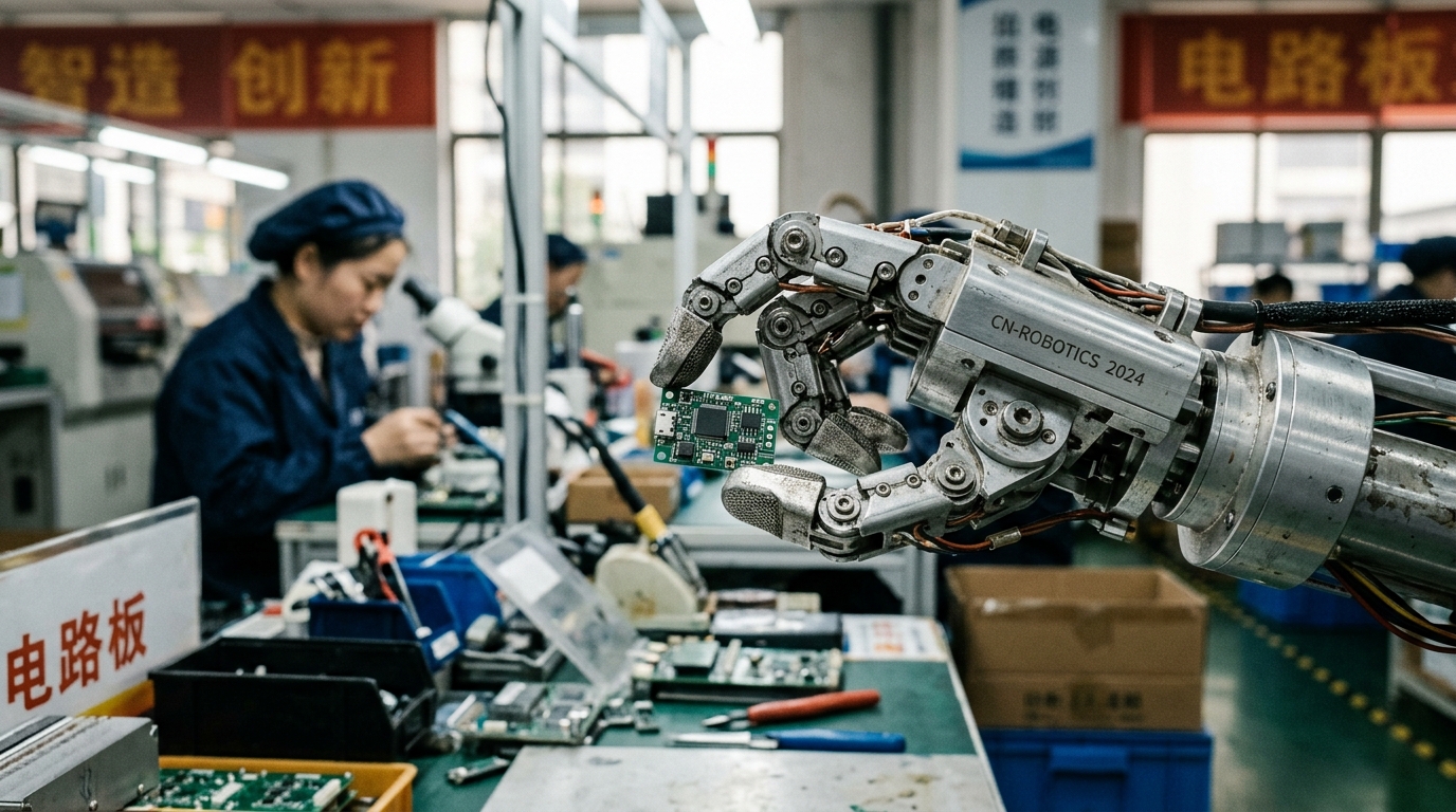 Main robotique articulée tenant un composant électronique