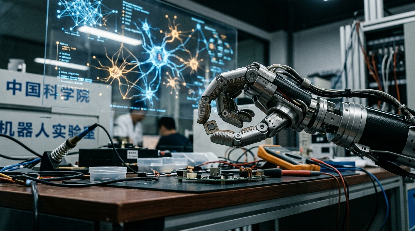 Main robotique saisissant un objet avec visualisation de réseau neuronal en arrière-plan