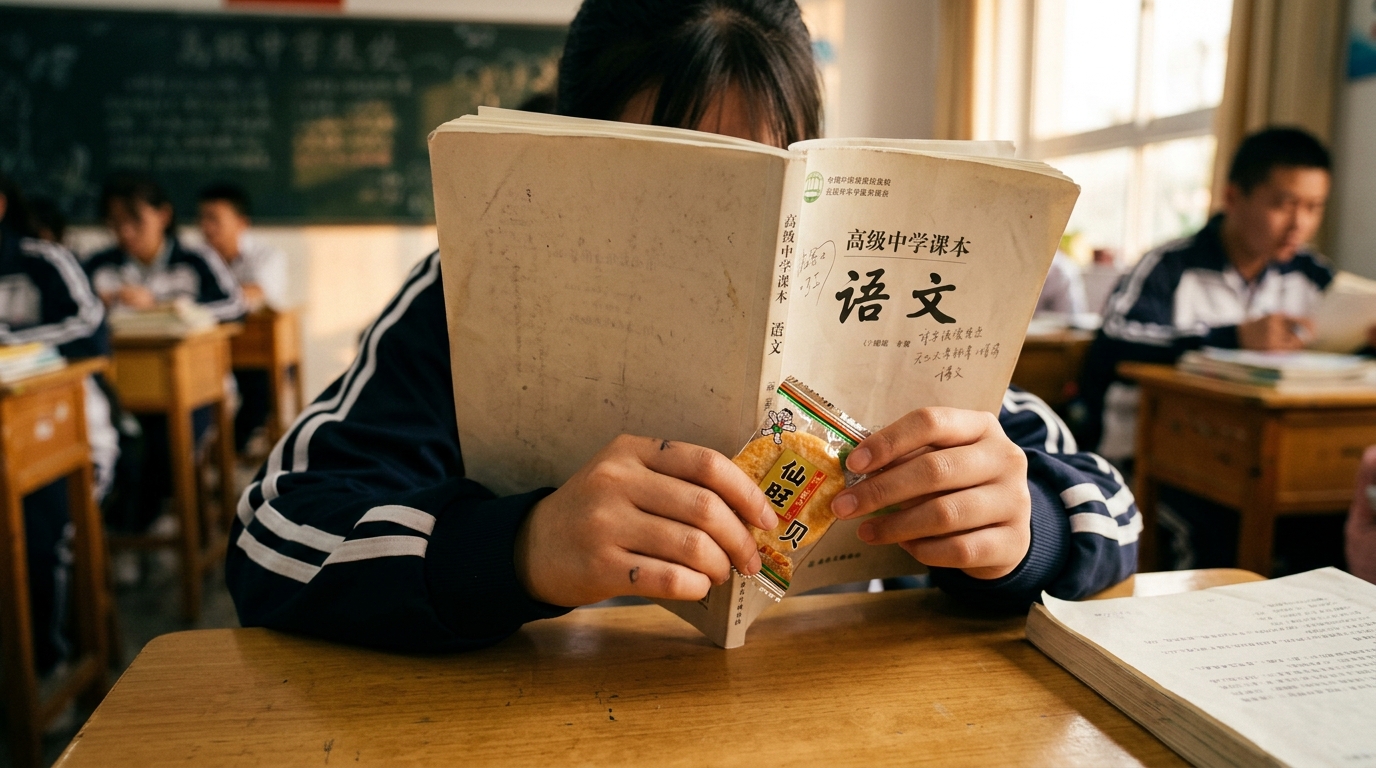 Mains d'un élève chinois cachant un snack derrière un livre scolaire