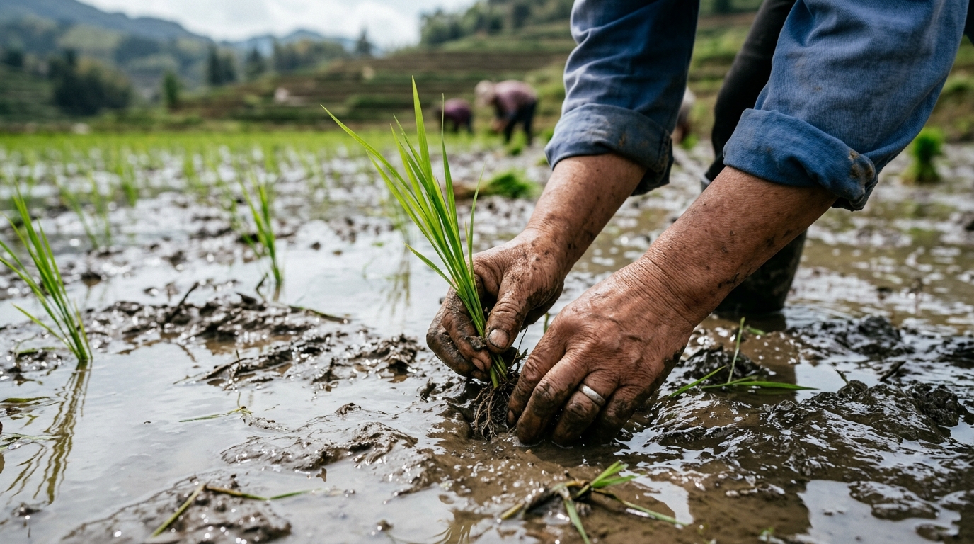 Mains plantant un jeune plant de riz dans une rizière