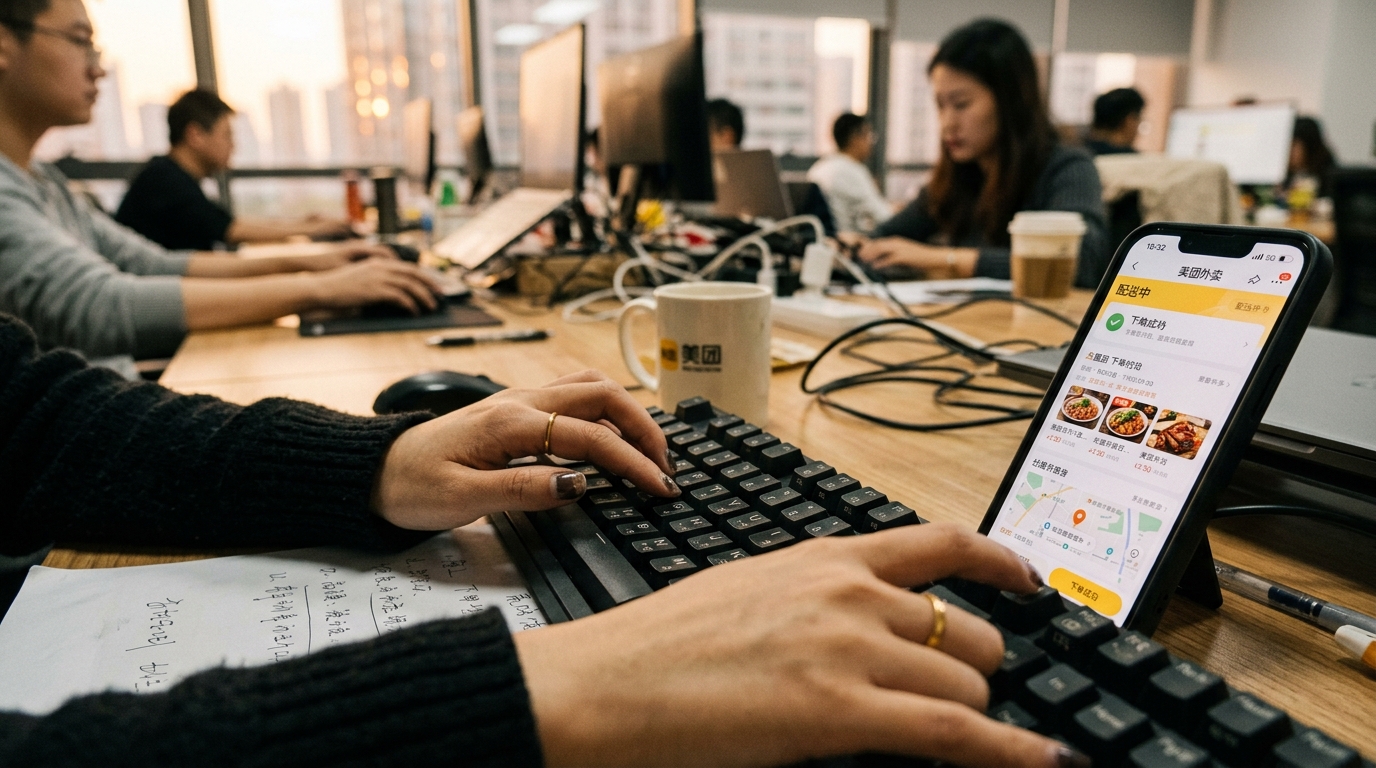 Mains tapant sur un clavier près d'une application de livraison chinoise