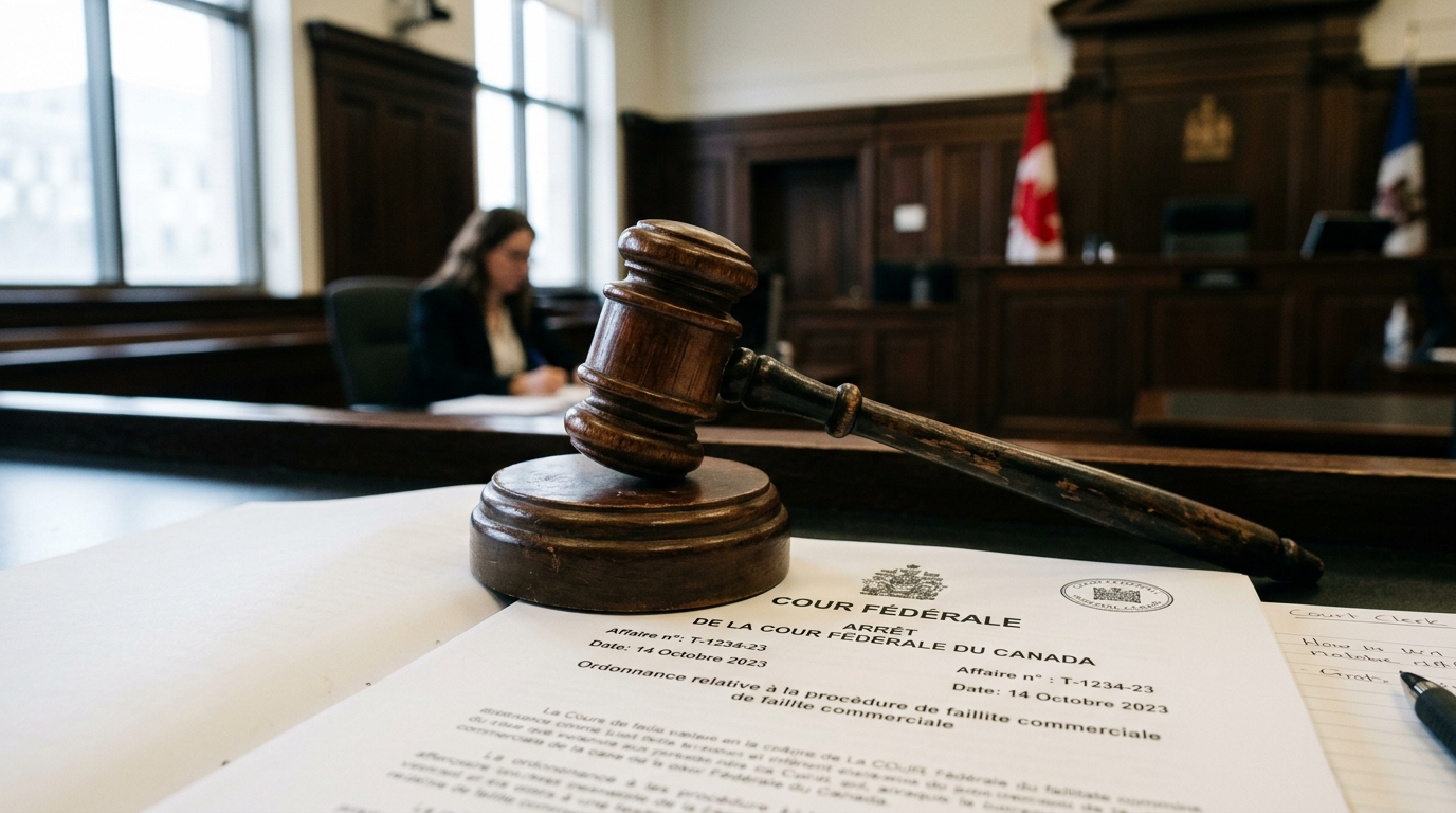 Marteau de juge posé sur un document juridique dans une salle d'audience fédérale