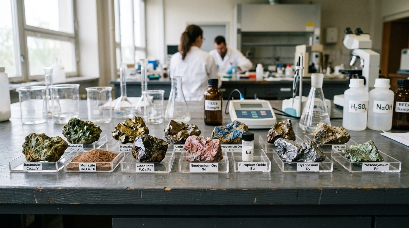 Minéraux de terres rares posés sur une table de laboratoire