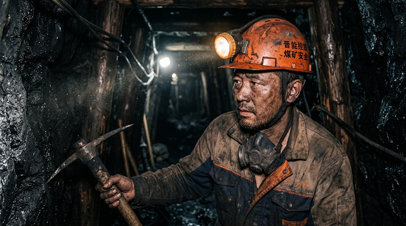 Mineur de charbon en Chine portant un casque de sécurité dans une galerie