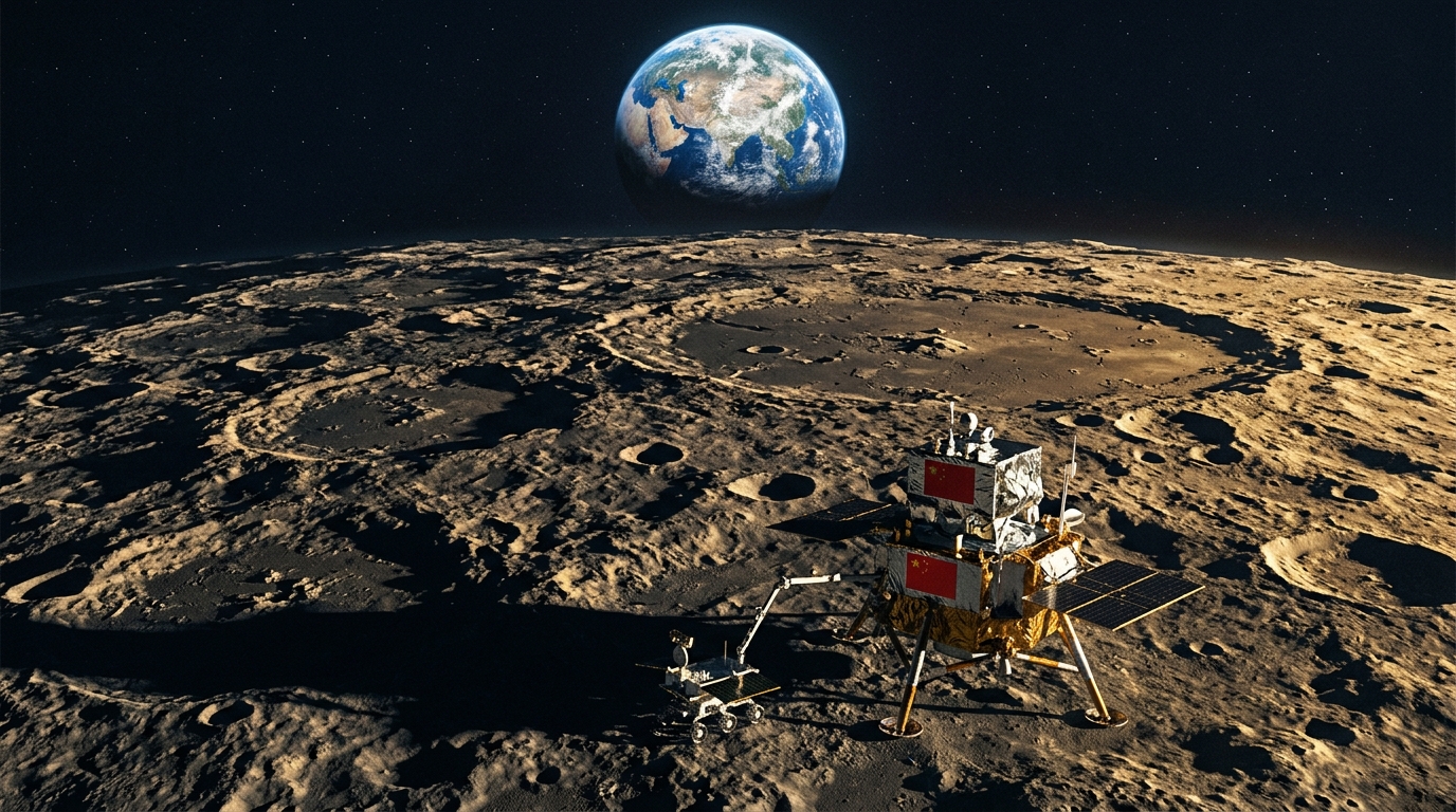 Module lunaire chinois posé sur la surface de la Lune avec la Terre en arrière-plan