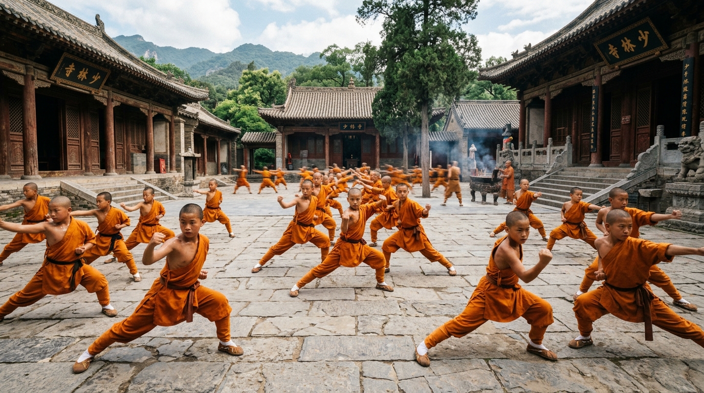 Moines du temple Shaolin pratiquant le kung fu dans une cour intérieure