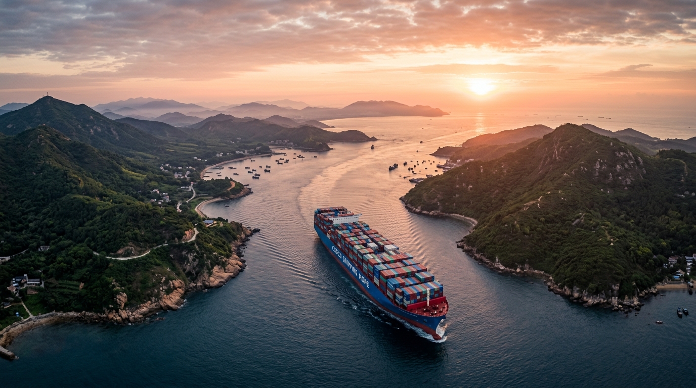 Navire cargo traversant un détroit maritime stratégique