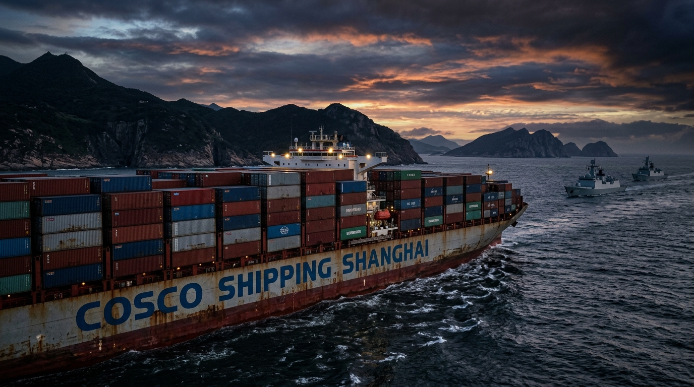 Navire cargo traversant un détroit stratégique au coucher du soleil