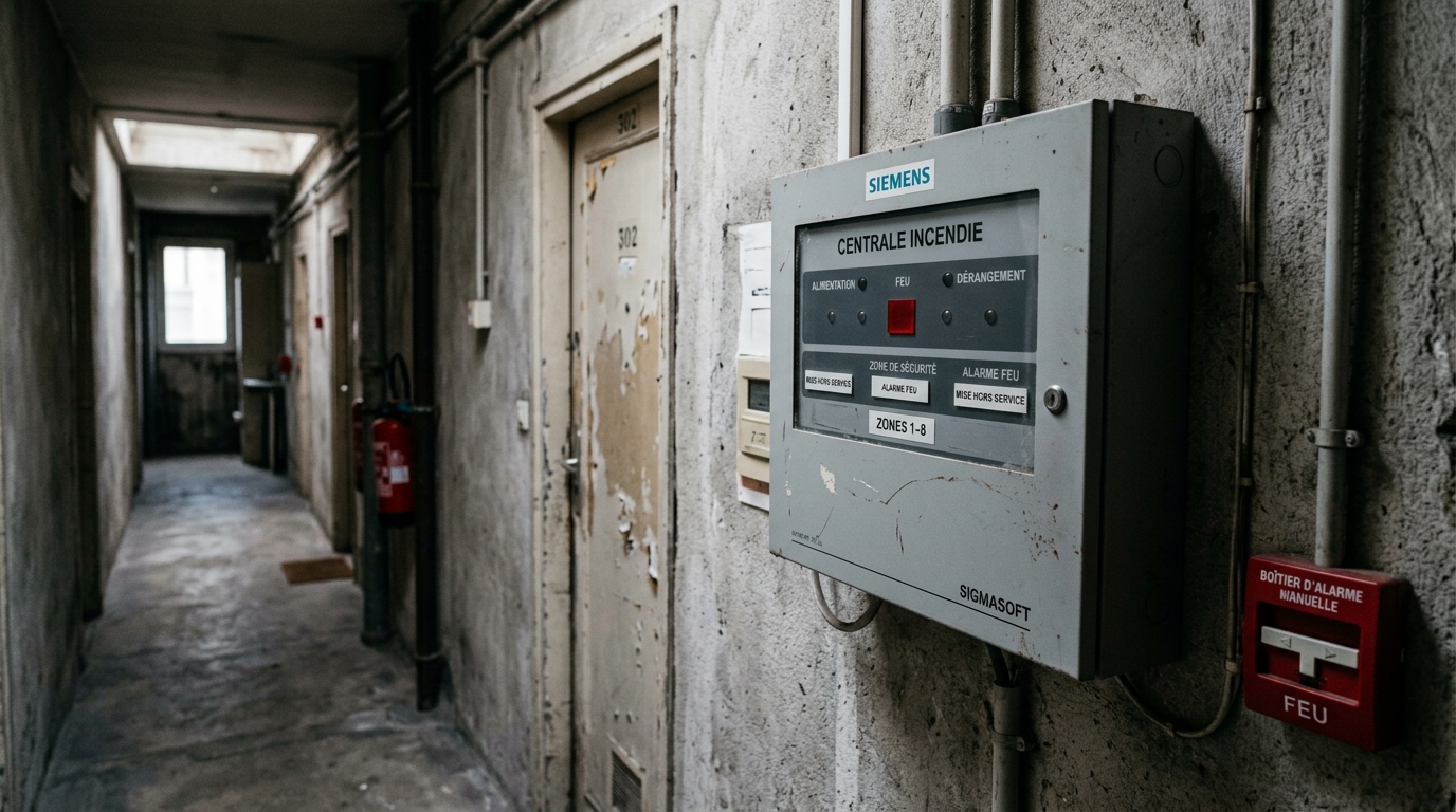 Panneau d'alarme incendie désactivé dans un couloir d'immeuble