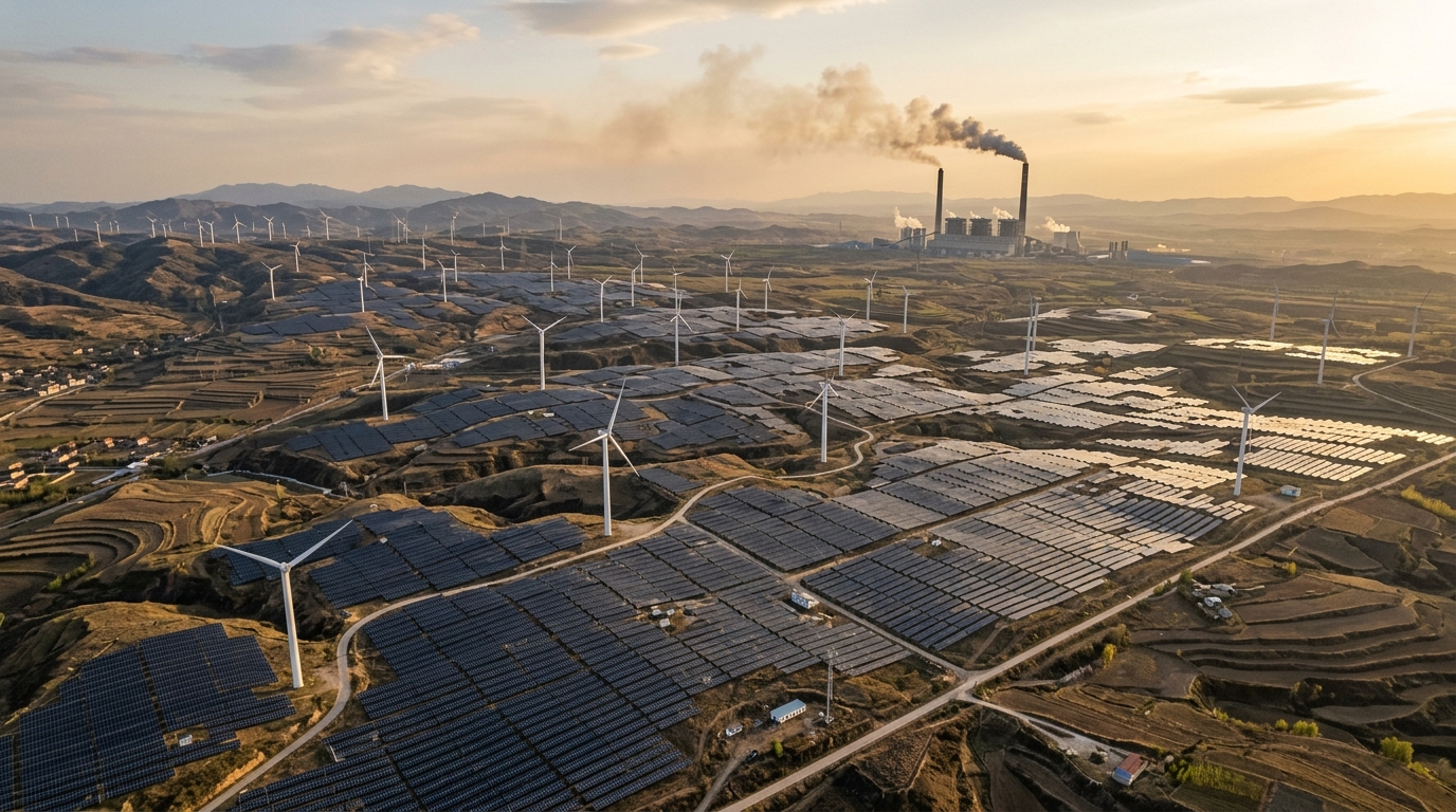 Panneaux solaires et éoliennes en Chine avec des cheminées industrielles en arrière-plan