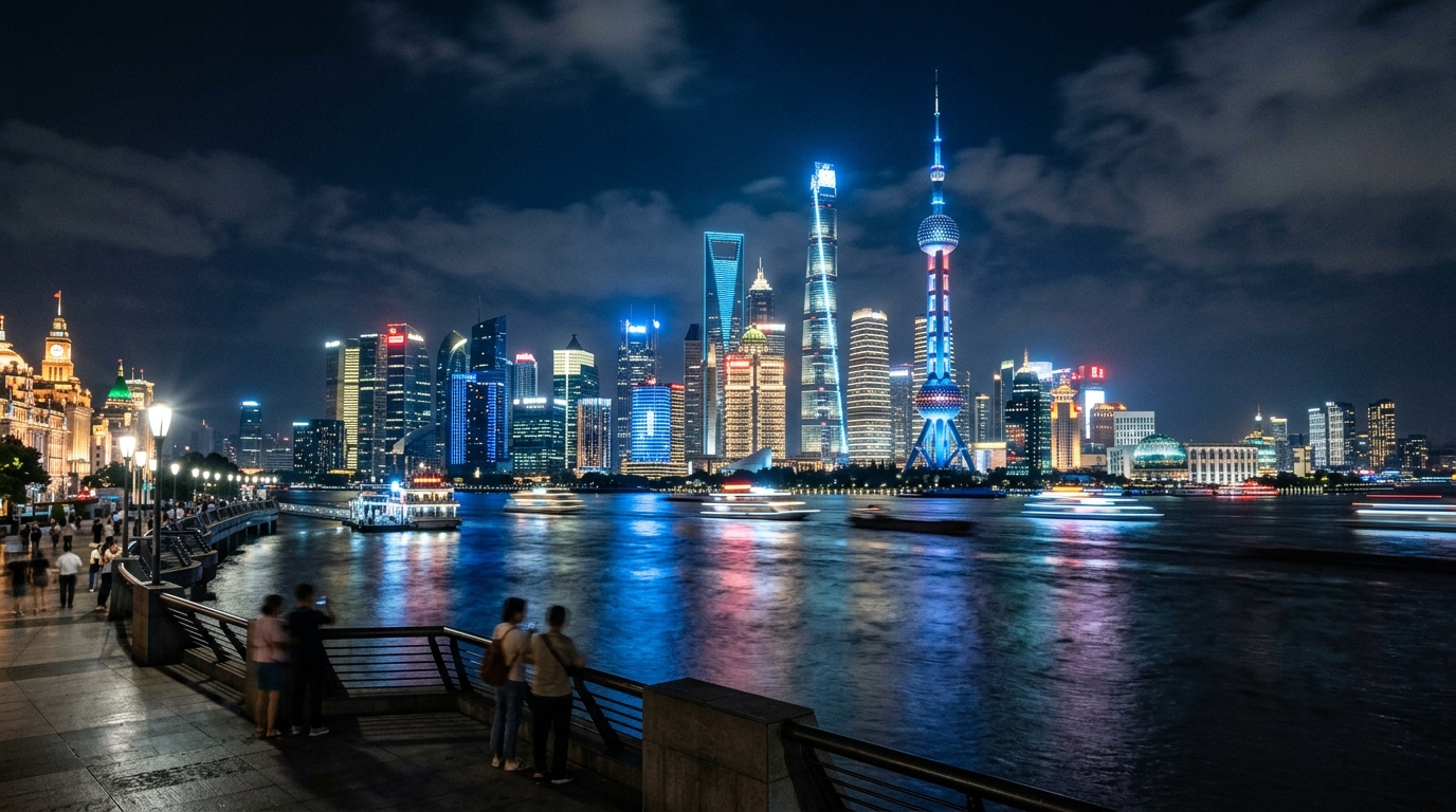 Panorama nocturne de Shanghai et son reflet sur le fleuve Huangpu
