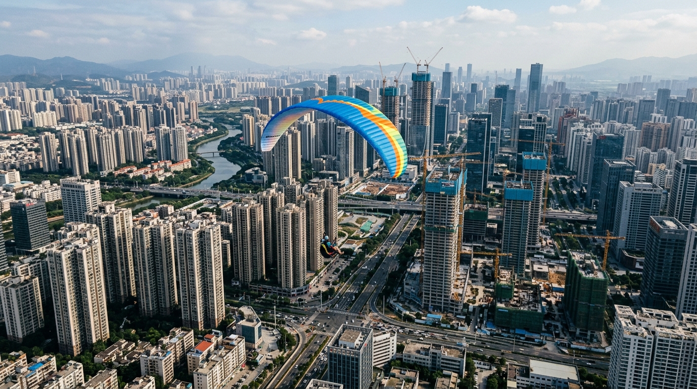 Parapentiste en vol au-dessus d'une ville chinoise avec des grues de chantier