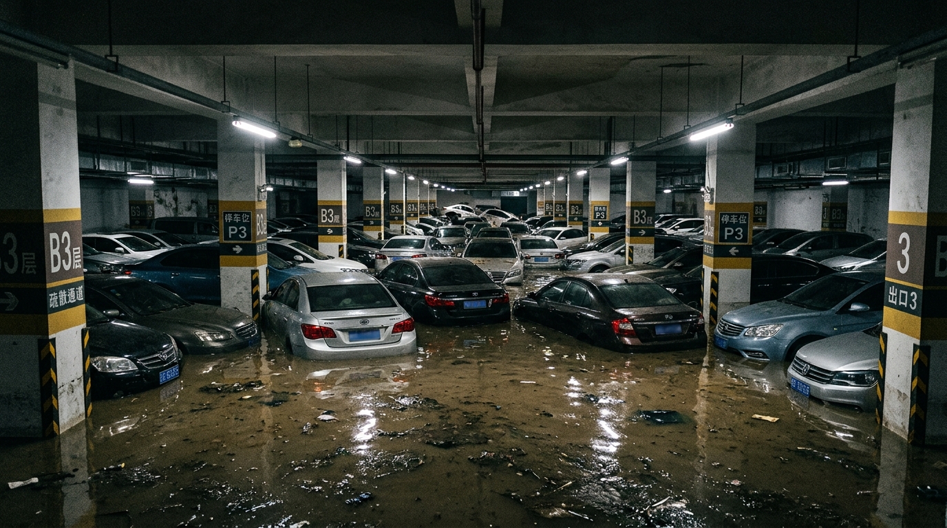 Parking souterrain inondé avec des voitures flottant dans l'eau boueuse en Chine