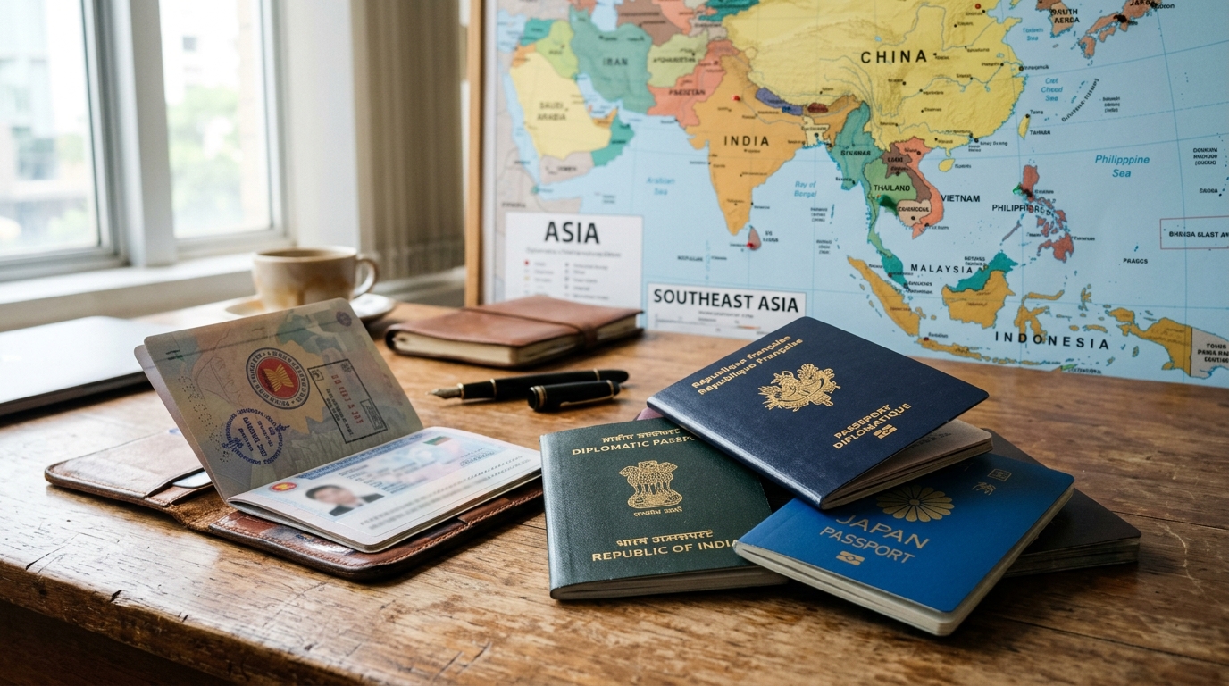 Passeports diplomatiques sur un bureau avec carte de l'Asie en arrière-plan